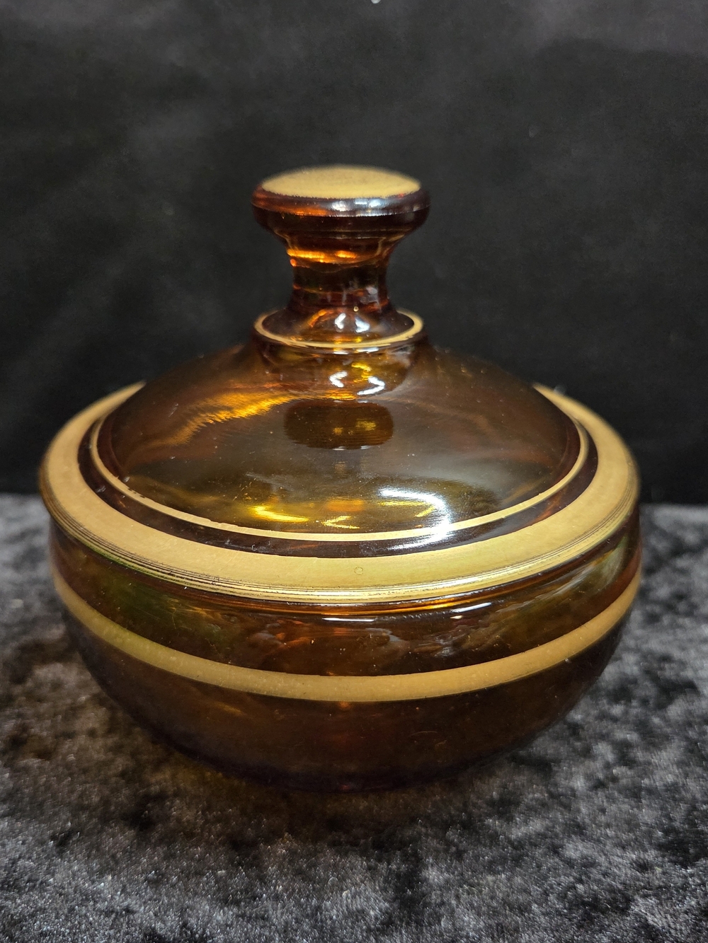 Vintage Romanian Amber Glass Candy Dish with Gold Trim RARE